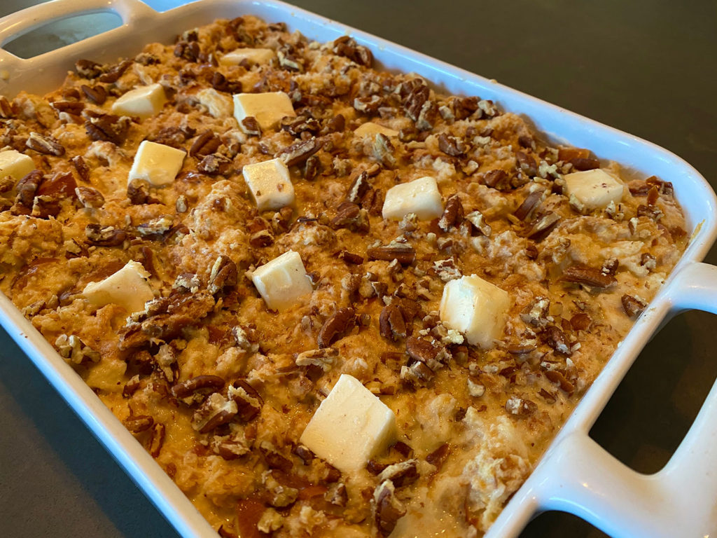 bread pudding dotted with butter